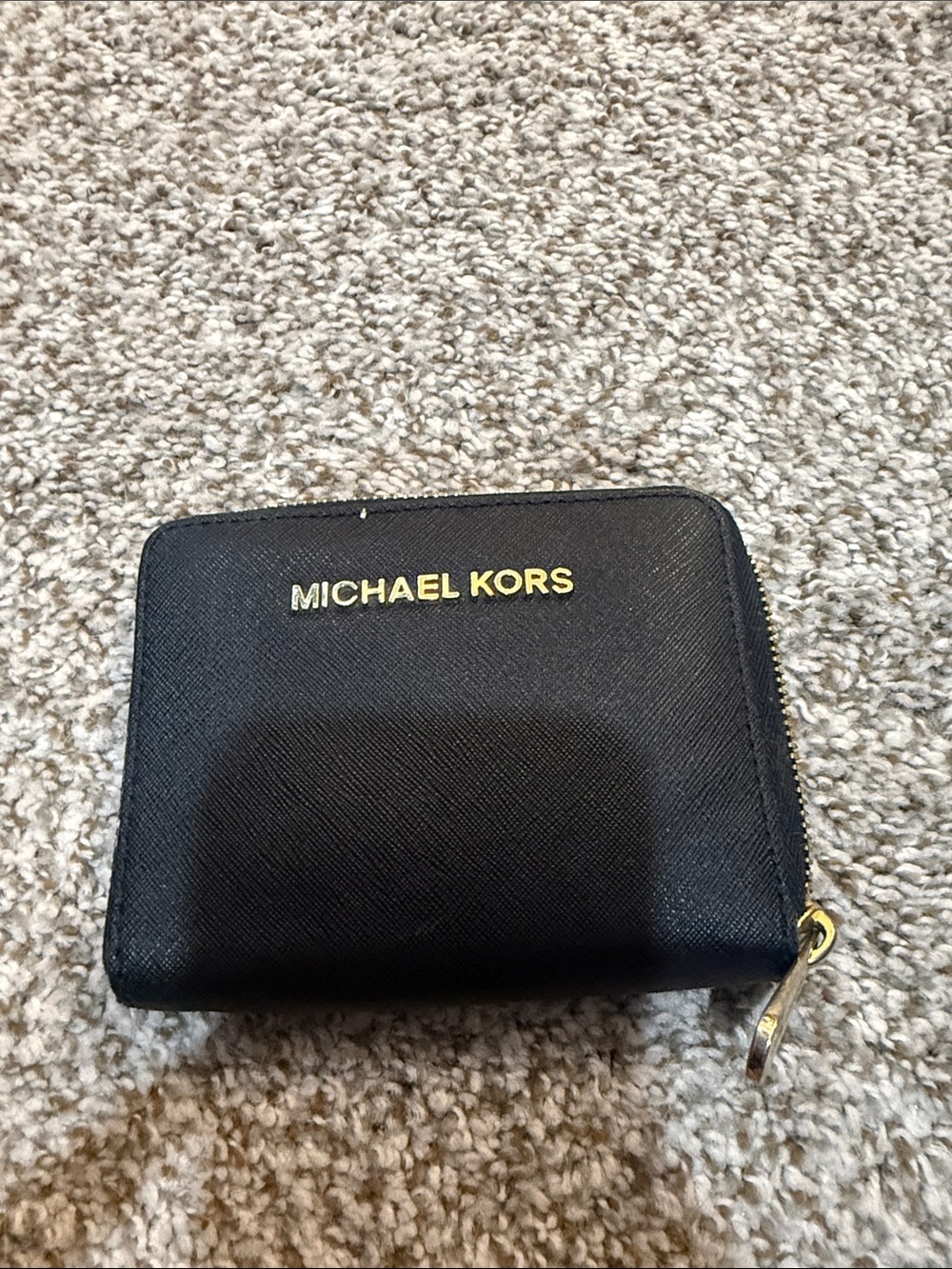 Michael Kors Black Zip Around Saffiano Wallet with Gold Logo